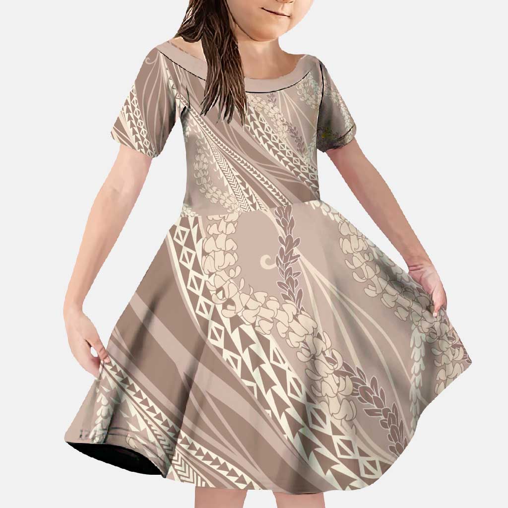 Polynesian Puakeniken Pikake Twisted Lei Family Matching Short Sleeve Bodycon Dress and Hawaiian Shirt Beige - Polynesian Pride