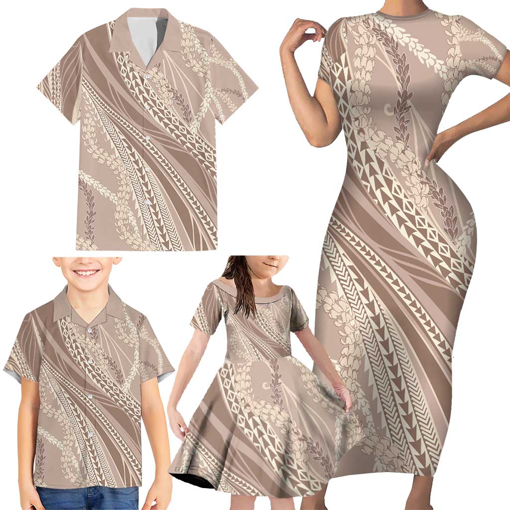 Polynesian Puakeniken Pikake Twisted Lei Family Matching Short Sleeve Bodycon Dress and Hawaiian Shirt Beige - Polynesian Pride