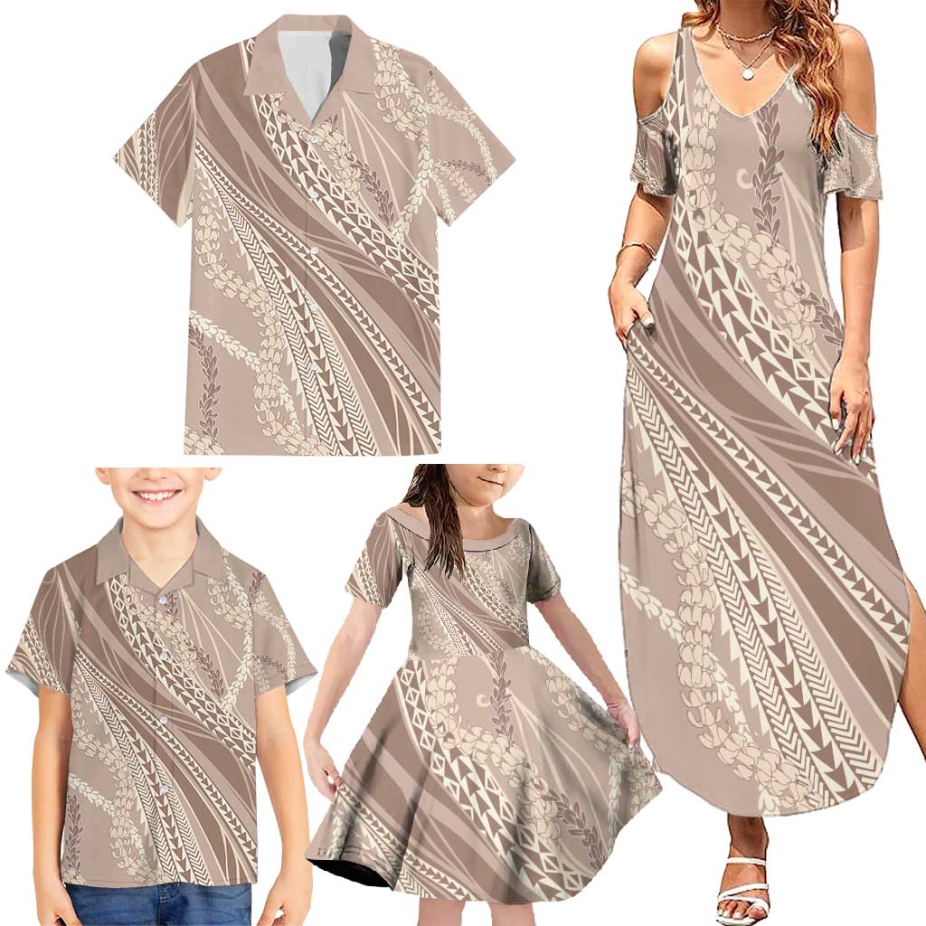 Polynesian Puakeniken Pikake Twisted Lei Family Matching Summer Maxi Dress and Hawaiian Shirt Beige - Polynesian Pride