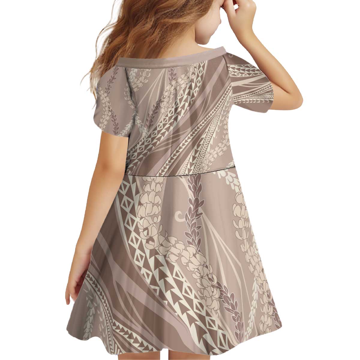 Polynesian Puakeniken Pikake Twisted Lei Kid Short Sleeve Dress Beige - Polynesian Pride