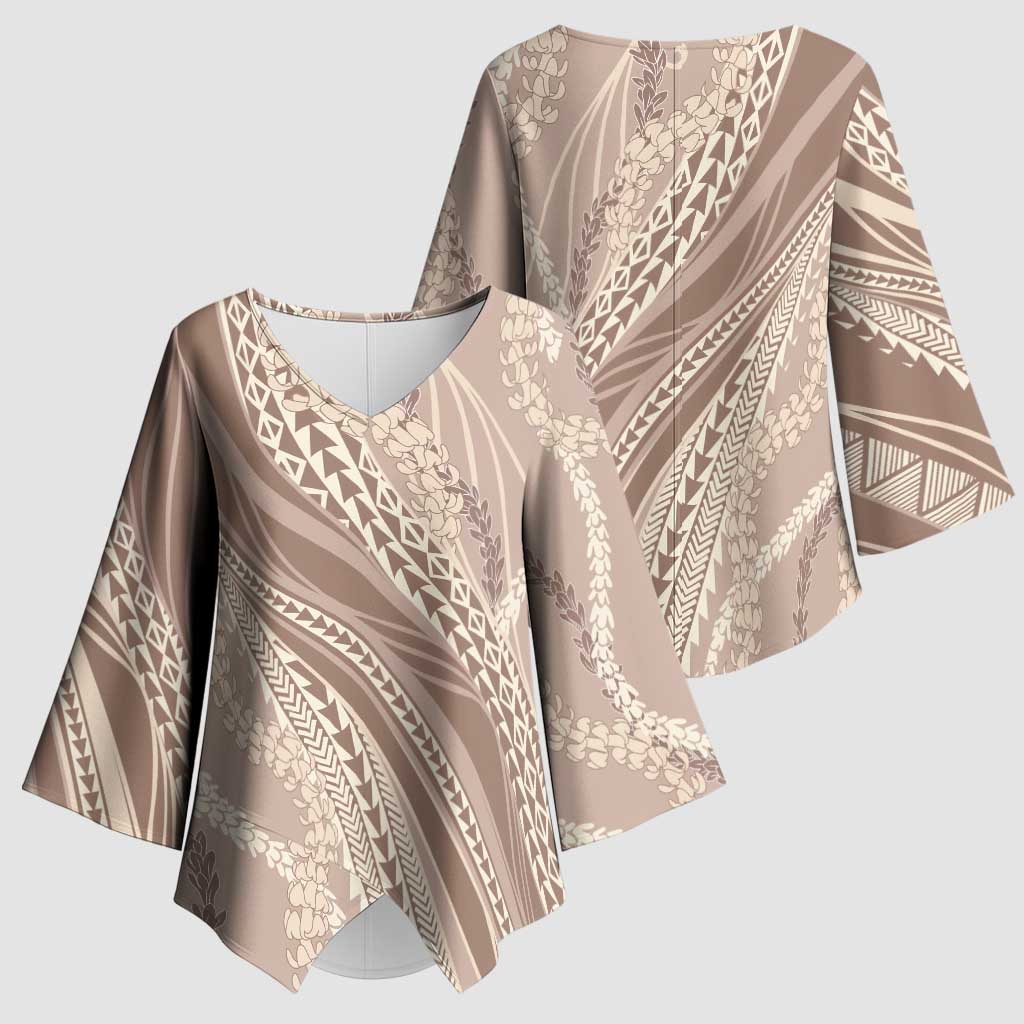 Polynesian Puakeniken Pikake Twisted Lei Kimono Sleeve Blouse Beige - Polynesian Pride