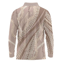 Polynesian Puakeniken Pikake Twisted Lei Long Sleeve Polo Shirt Beige - Polynesian Pride
