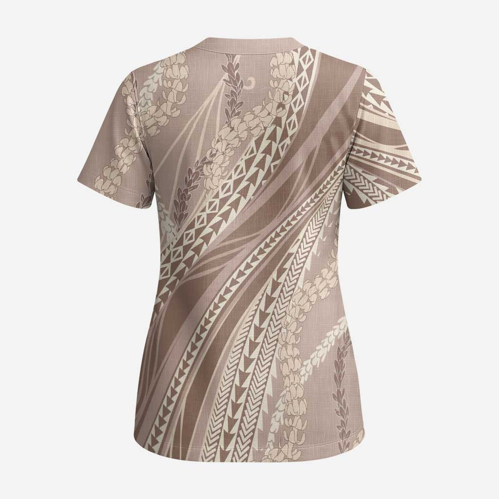 Polynesian Puakeniken Pikake Twisted Lei Scrub Top Beige LT7 - Polynesian Pride