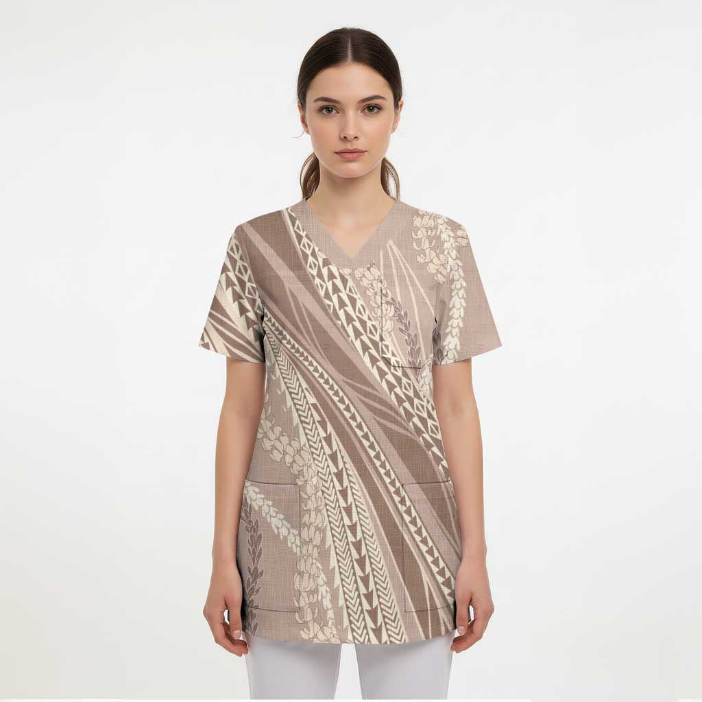 Polynesian Puakeniken Pikake Twisted Lei Scrub Top Beige LT7 - Polynesian Pride