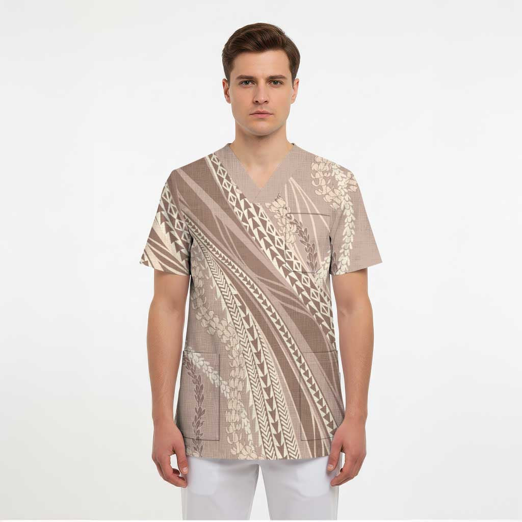Polynesian Puakeniken Pikake Twisted Lei Scrub Top Beige LT7 - Polynesian Pride