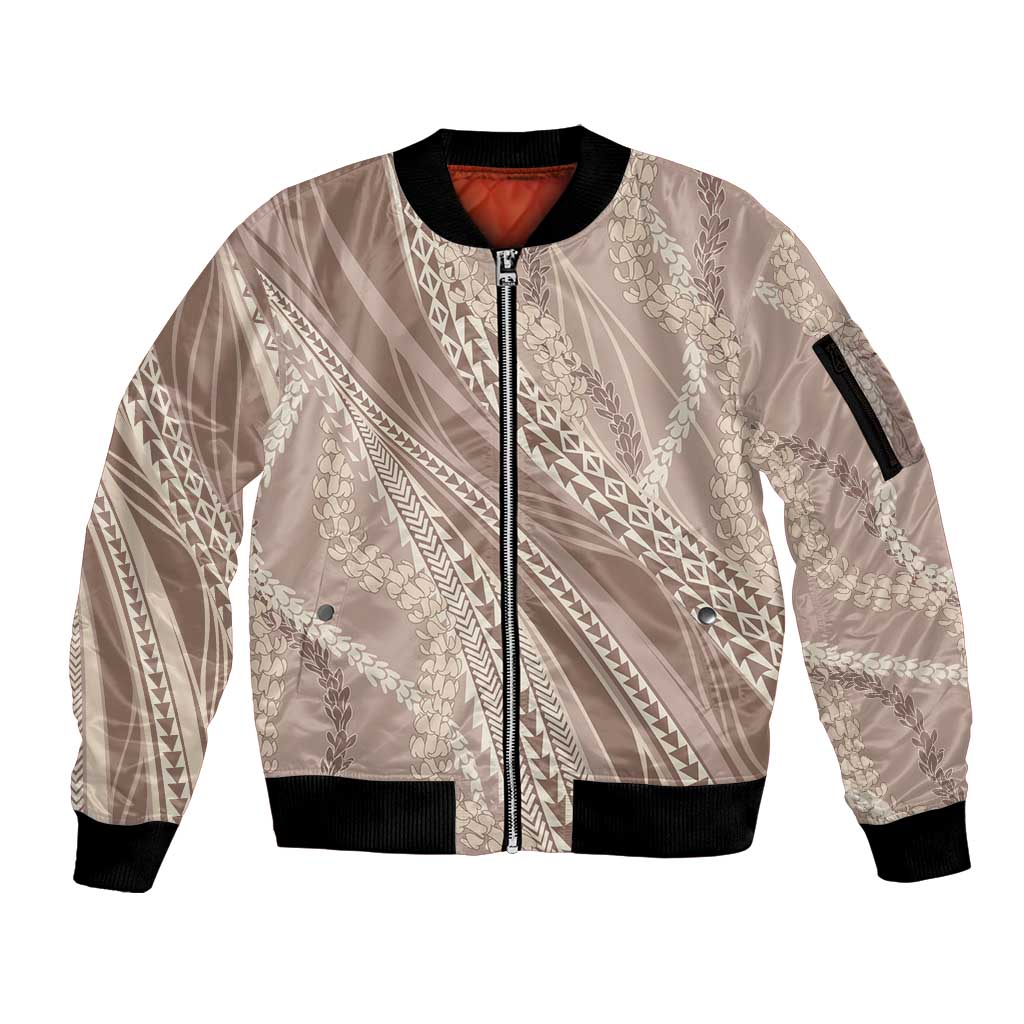 Polynesian Puakeniken Pikake Twisted Lei Sleeve Zip Bomber Jacket Beige - Polynesian Pride