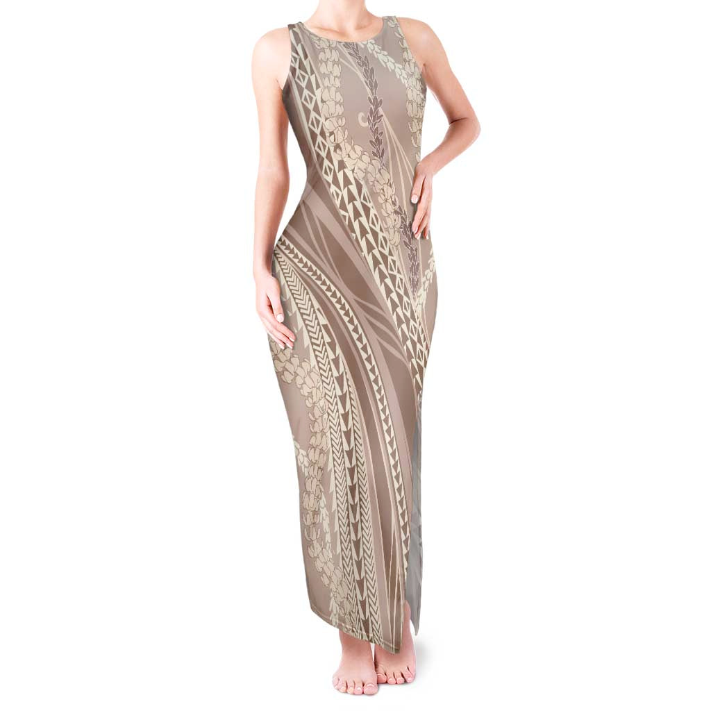 Polynesian Puakeniken Pikake Twisted Lei Tank Maxi Dress Beige - Polynesian Pride