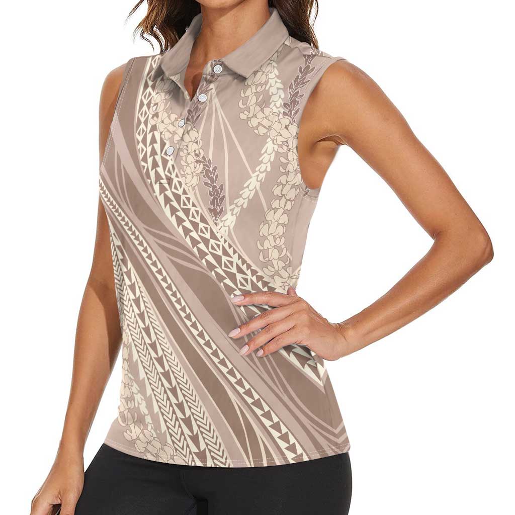Polynesian Puakeniken Pikake Twisted Lei Women Sleeveless Polo Shirt Beige LT7 - Polynesian Pride