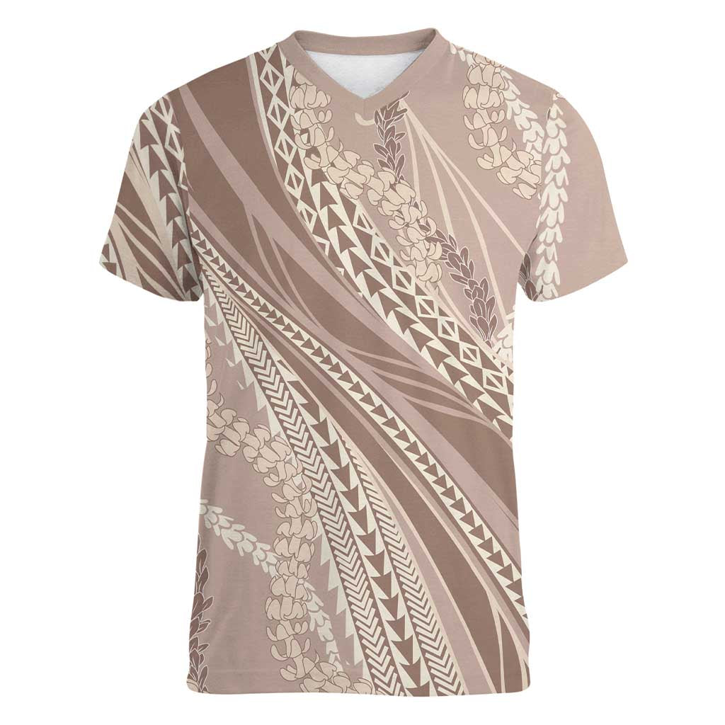 Polynesian Puakeniken Pikake Twisted Lei Women V-Neck T-Shirt Beige LT7 Female Beige - Polynesian Pride