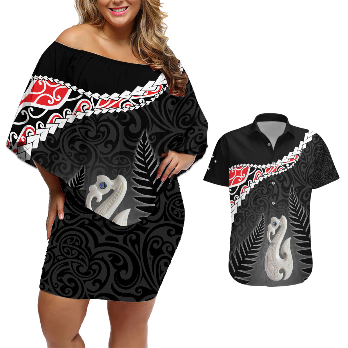 Personalised New Zealand Maori Couples Matching Off Shoulder Short Dress and Hawaiian Shirt Manaia Mix Koru LT7 Black - Polynesian Pride