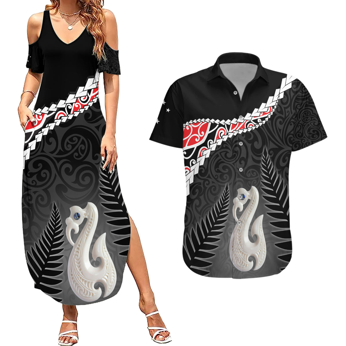 Personalised New Zealand Maori Couples Matching Summer Maxi Dress and Hawaiian Shirt Manaia Mix Koru LT7 Black - Polynesian Pride