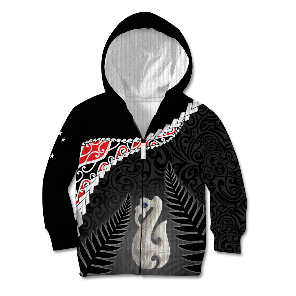 Personalised New Zealand Maori Kid Hoodie Manaia Mix Koru LT7 Zip Hoodie Black - Polynesian Pride