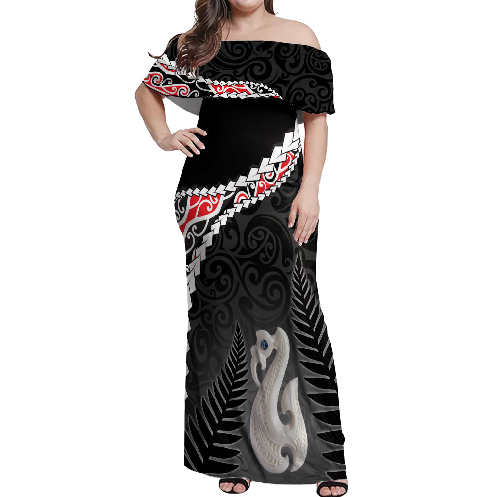 Personalised New Zealand Maori Off Shoulder Maxi Dress Manaia Mix Koru LT7 Women Black - Polynesian Pride