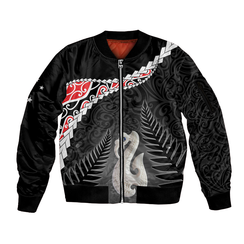 Personalised New Zealand Maori Sleeve Zip Bomber Jacket Manaia Mix Koru LT7 Unisex Black - Polynesian Pride