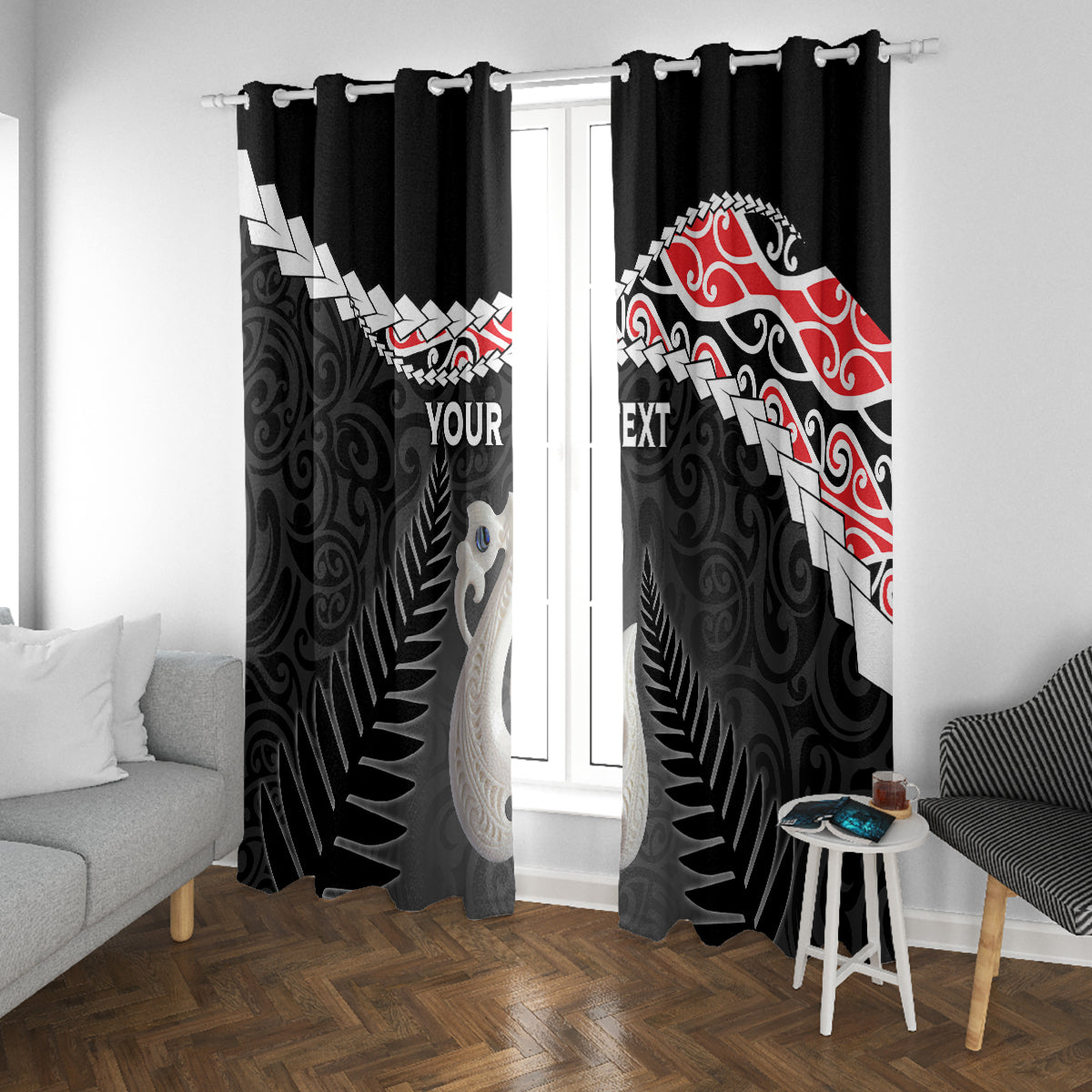 Personalised New Zealand Maori Window Curtain Manaia Mix Koru LT7 With Grommets Black - Polynesian Pride