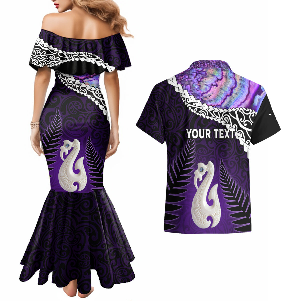 Personalised New Zealand Maori Couples Matching Mermaid Dress and Hawaiian Shirt Manaia Paua Shell Purple LT7 - Polynesian Pride