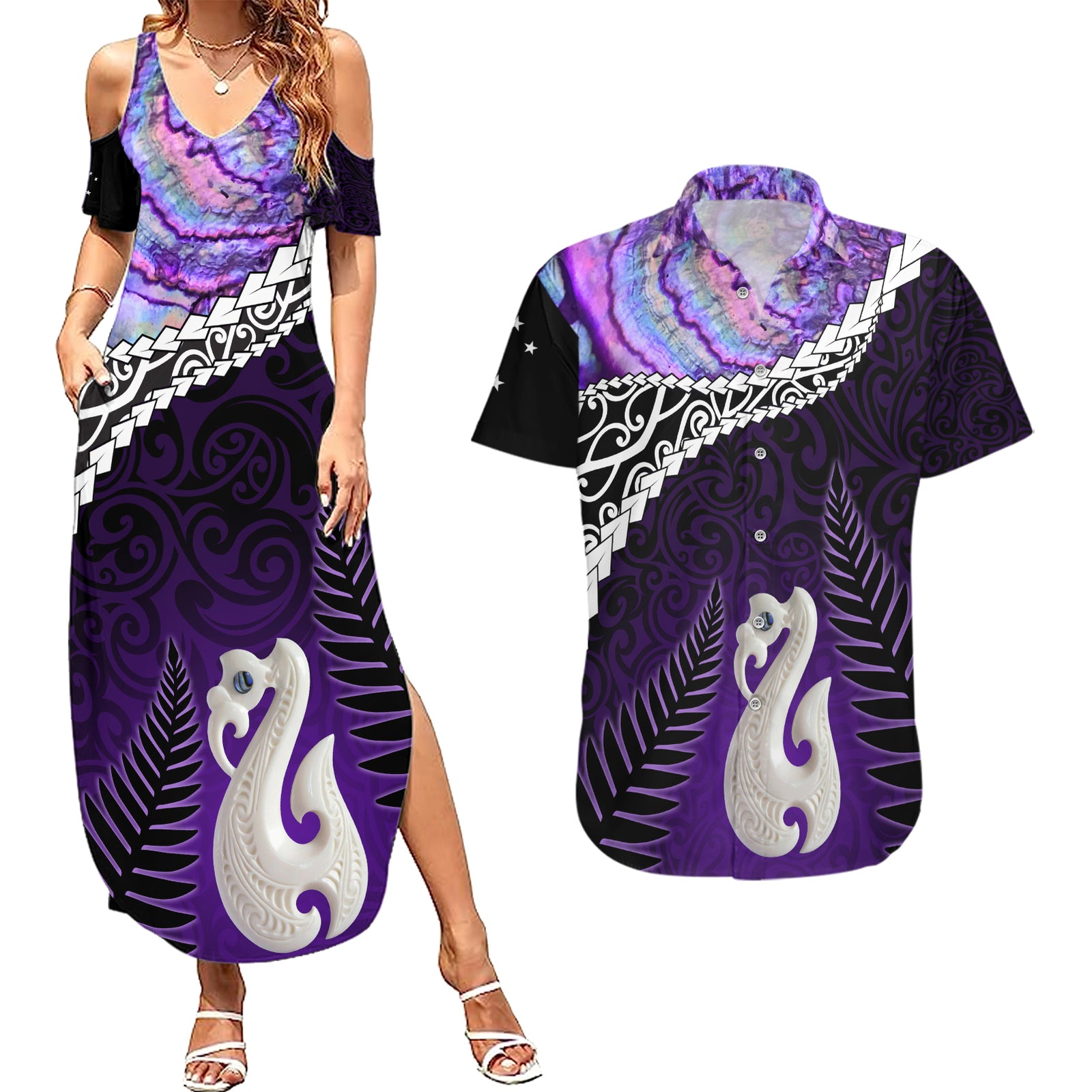 Personalised New Zealand Maori Couples Matching Summer Maxi Dress and Hawaiian Shirt Manaia Paua Shell Purple LT7 Purple - Polynesian Pride