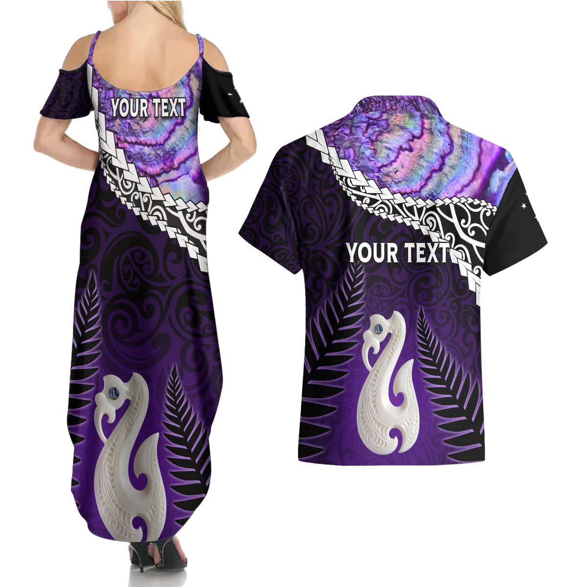 Personalised New Zealand Maori Couples Matching Summer Maxi Dress and Hawaiian Shirt Manaia Paua Shell Purple LT7 - Polynesian Pride