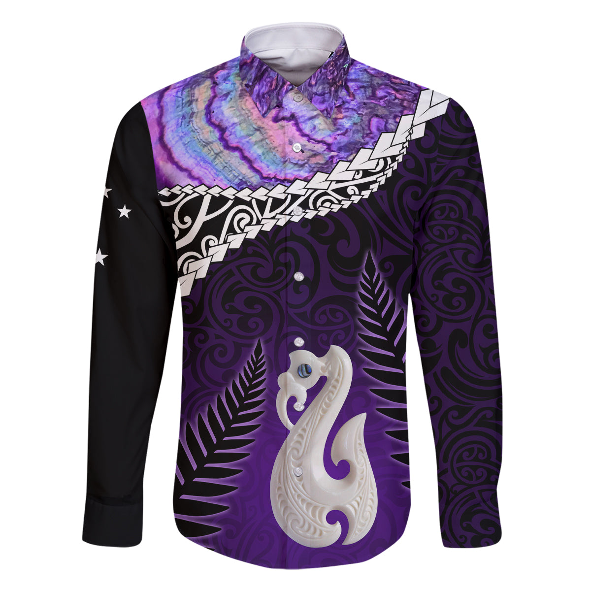 Personalised New Zealand Maori Family Matching Mermaid Dress and Hawaiian Shirt Manaia Paua Shell Purple LT7 Dad's Shirt - Long Sleeve Purple - Polynesian Pride