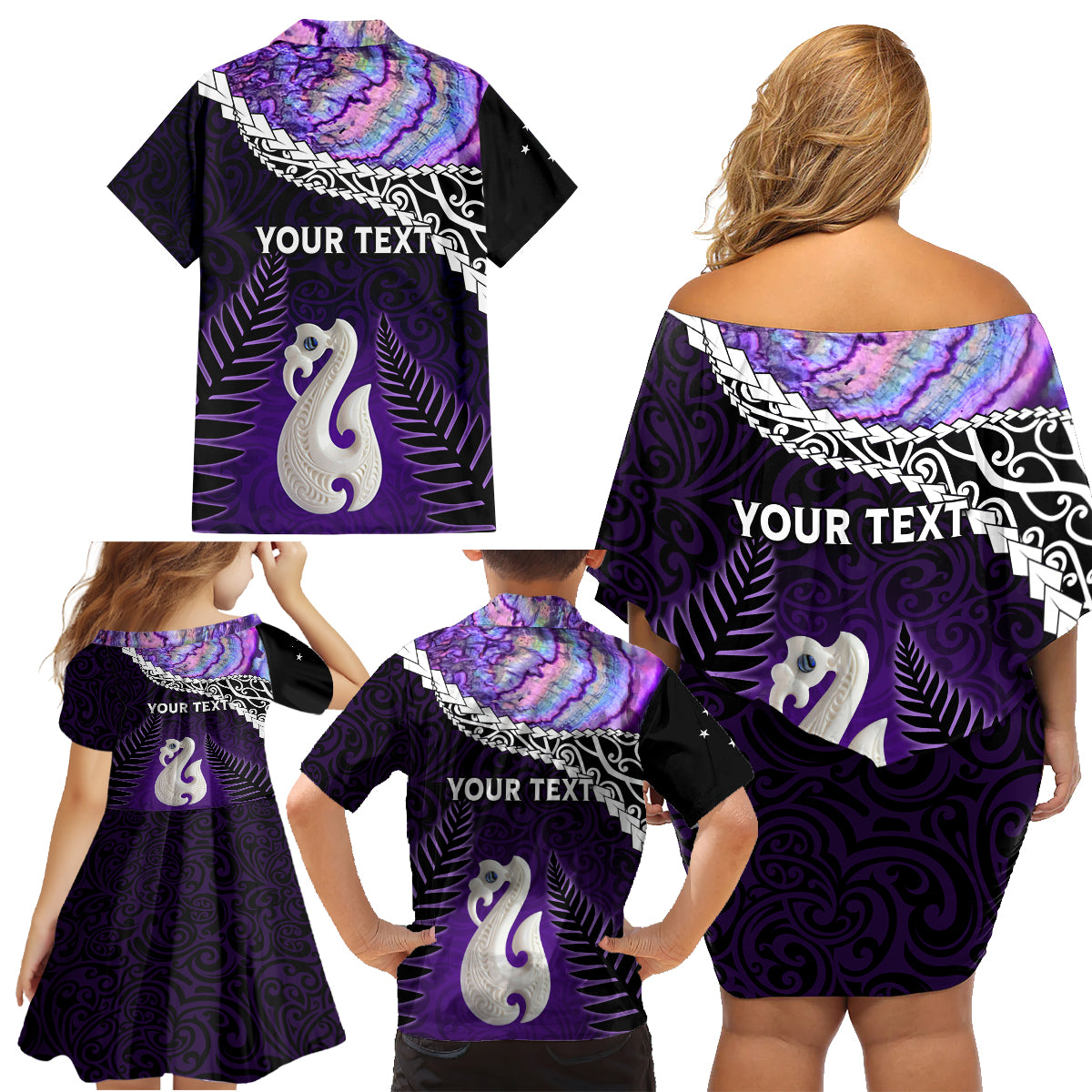 Personalised New Zealand Maori Family Matching Off Shoulder Short Dress and Hawaiian Shirt Manaia Paua Shell Purple LT7 - Polynesian Pride