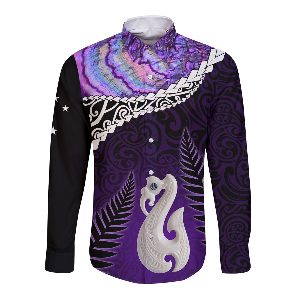 Personalised New Zealand Maori Long Sleeve Button Shirt Manaia Paua Shell Purple LT7 Unisex Purple - Polynesian Pride