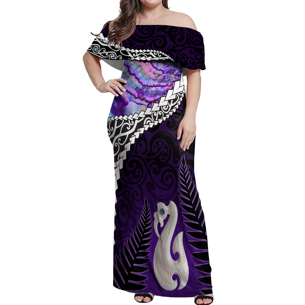 Personalised New Zealand Maori Off Shoulder Maxi Dress Manaia Paua Shell Purple LT7 Women Purple - Polynesian Pride