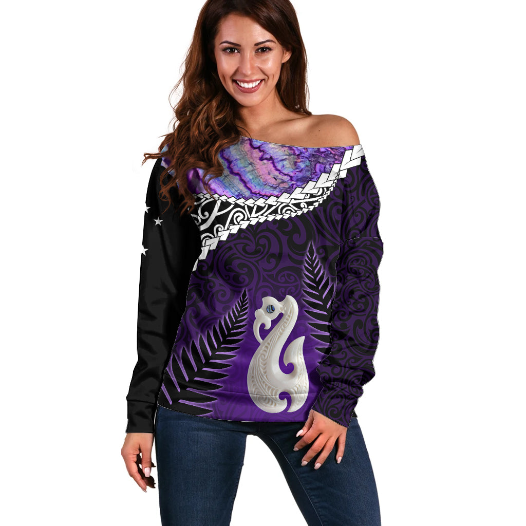 Personalised New Zealand Maori Off Shoulder Sweater Manaia Paua Shell Purple LT7 Women Purple - Polynesian Pride