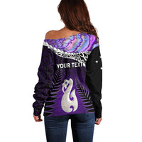Personalised New Zealand Maori Off Shoulder Sweater Manaia Paua Shell Purple LT7 - Polynesian Pride