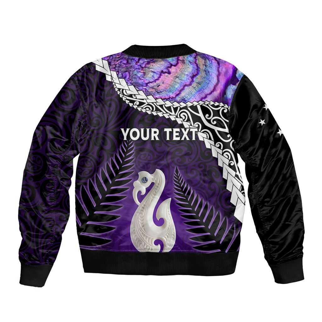 Personalised New Zealand Maori Sleeve Zip Bomber Jacket Manaia Paua Shell Purple LT7 - Polynesian Pride