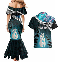 Personalised New Zealand Maori Couples Matching Mermaid Dress and Hawaiian Shirt Manaia Paua Shell Turquoise LT7 - Polynesian Pride