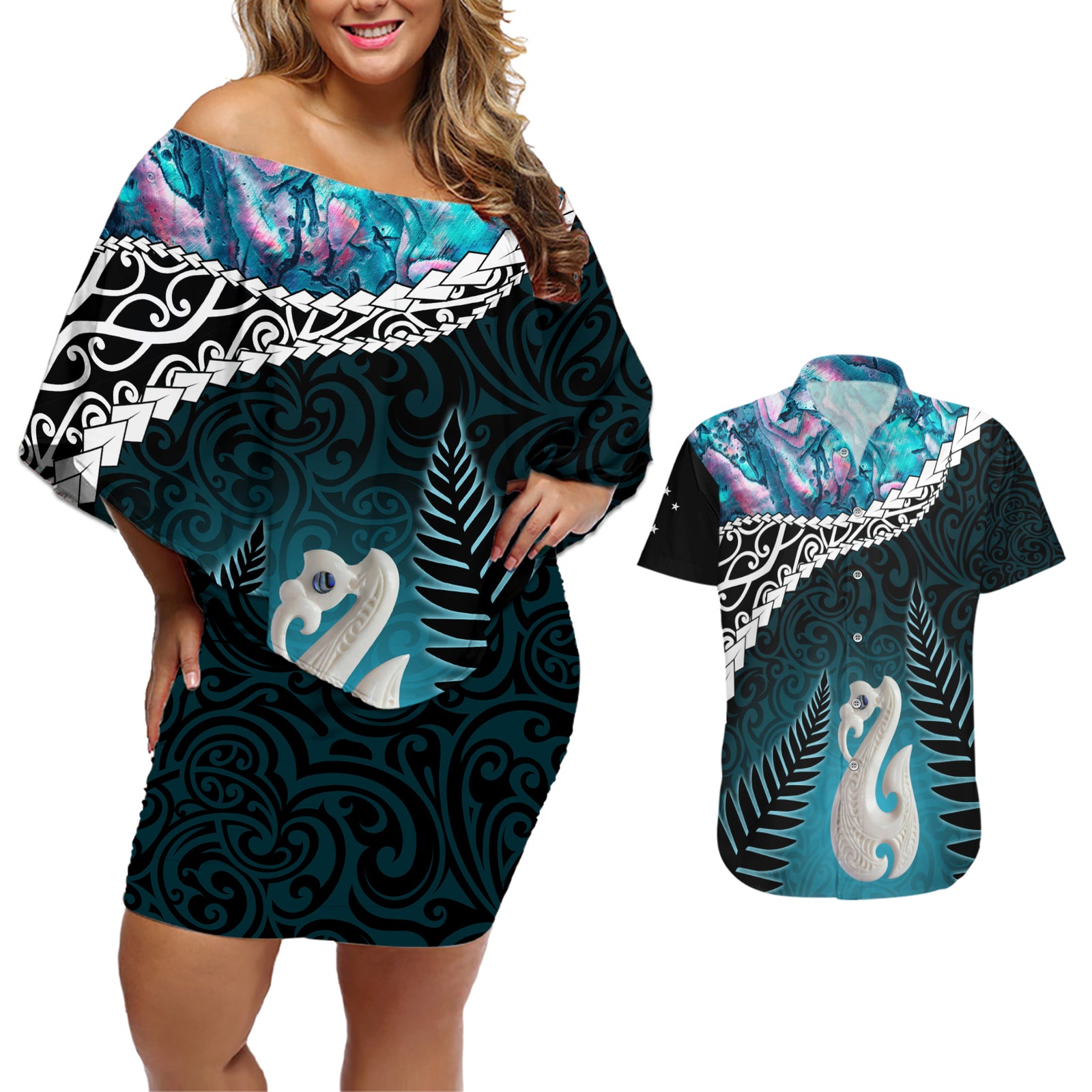 Personalised New Zealand Maori Couples Matching Off Shoulder Short Dress and Hawaiian Shirt Manaia Paua Shell Turquoise LT7 Turquoise - Polynesian Pride