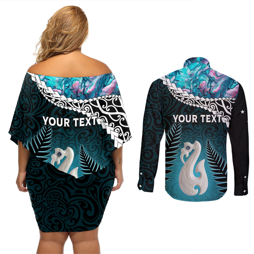 Personalised New Zealand Maori Couples Matching Off Shoulder Short Dress and Long Sleeve Button Shirt Manaia Paua Shell Turquoise LT7 - Polynesian Pride