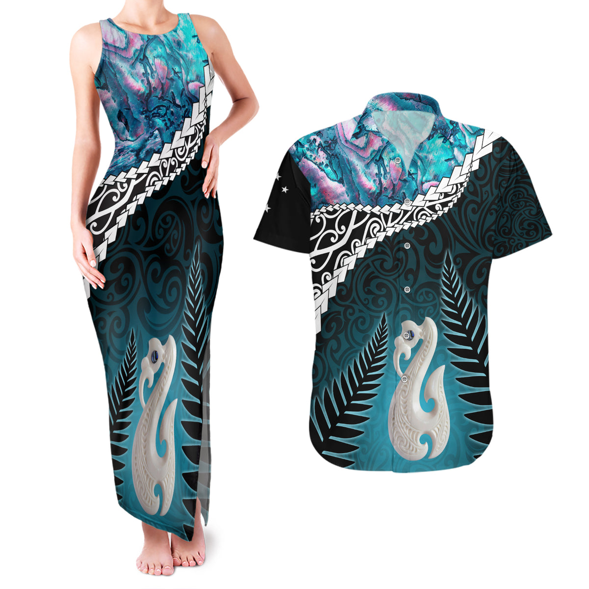 Personalised New Zealand Maori Couples Matching Tank Maxi Dress and Hawaiian Shirt Manaia Paua Shell Turquoise LT7 Turquoise - Polynesian Pride