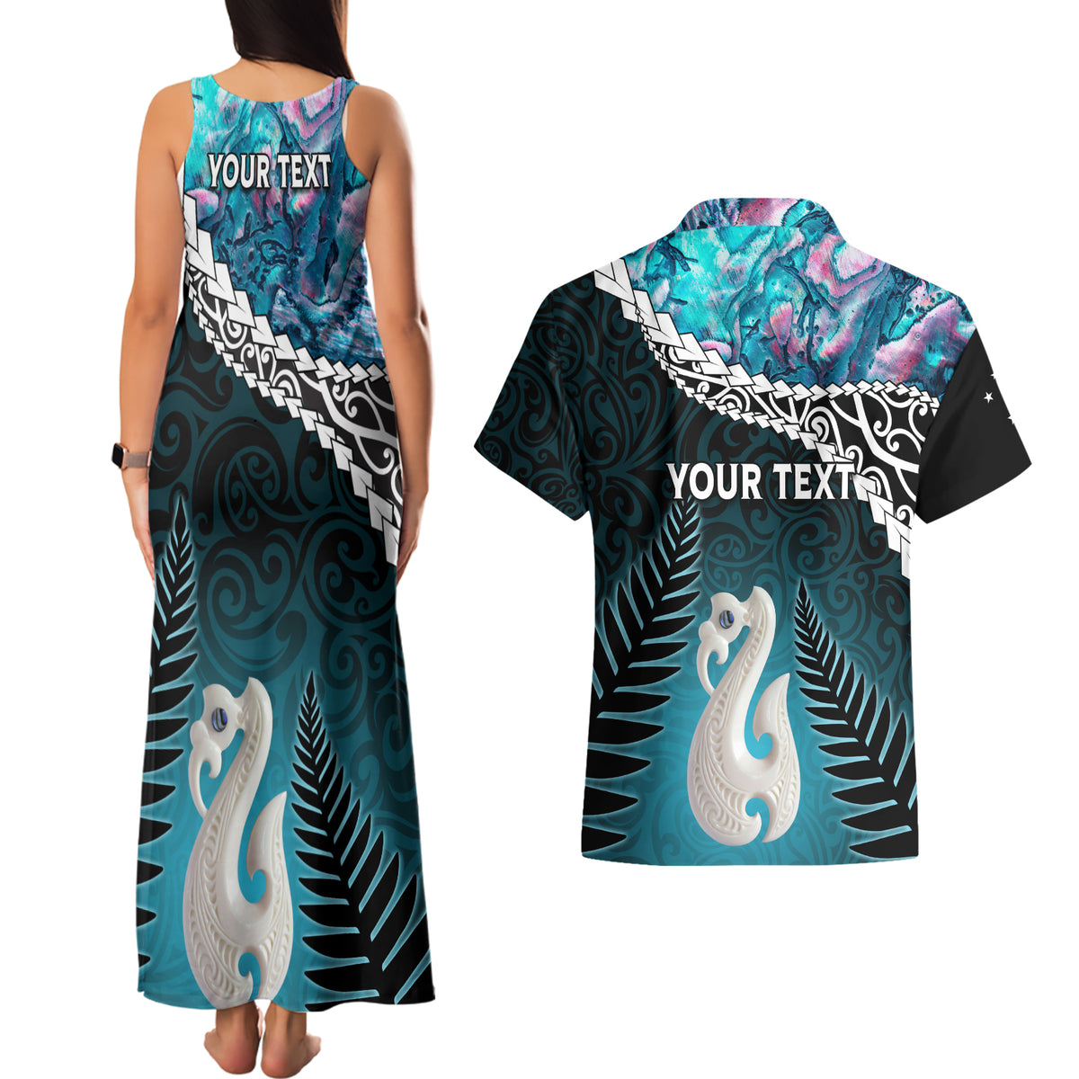 Personalised New Zealand Maori Couples Matching Tank Maxi Dress and Hawaiian Shirt Manaia Paua Shell Turquoise LT7 - Polynesian Pride