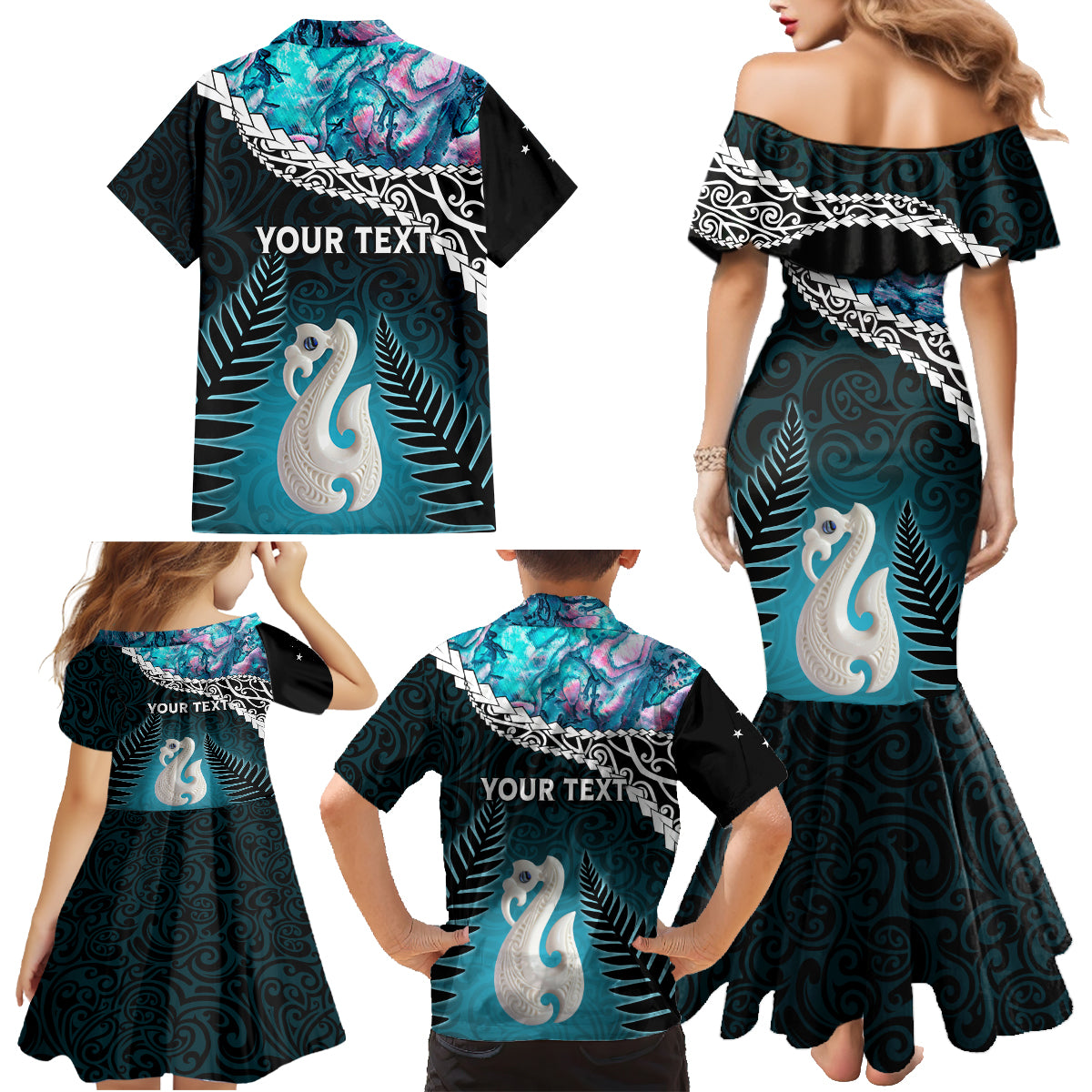 Personalised New Zealand Maori Family Matching Mermaid Dress and Hawaiian Shirt Manaia Paua Shell Turquoise LT7 - Polynesian Pride
