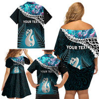 Personalised New Zealand Maori Family Matching Off Shoulder Short Dress and Hawaiian Shirt Manaia Paua Shell Turquoise LT7 - Polynesian Pride