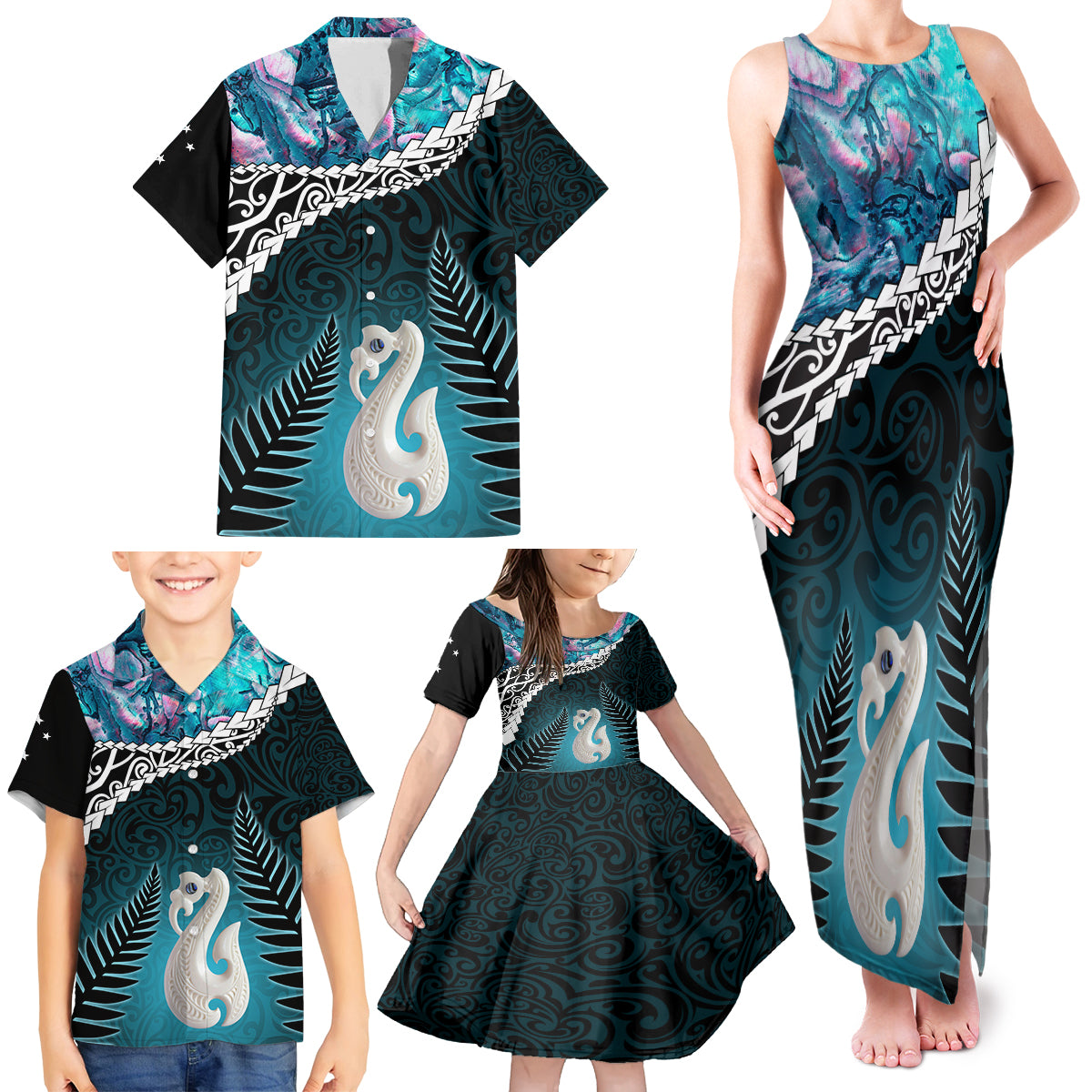 Personalised New Zealand Maori Family Matching Tank Maxi Dress and Hawaiian Shirt Manaia Paua Shell Turquoise LT7 - Polynesian Pride