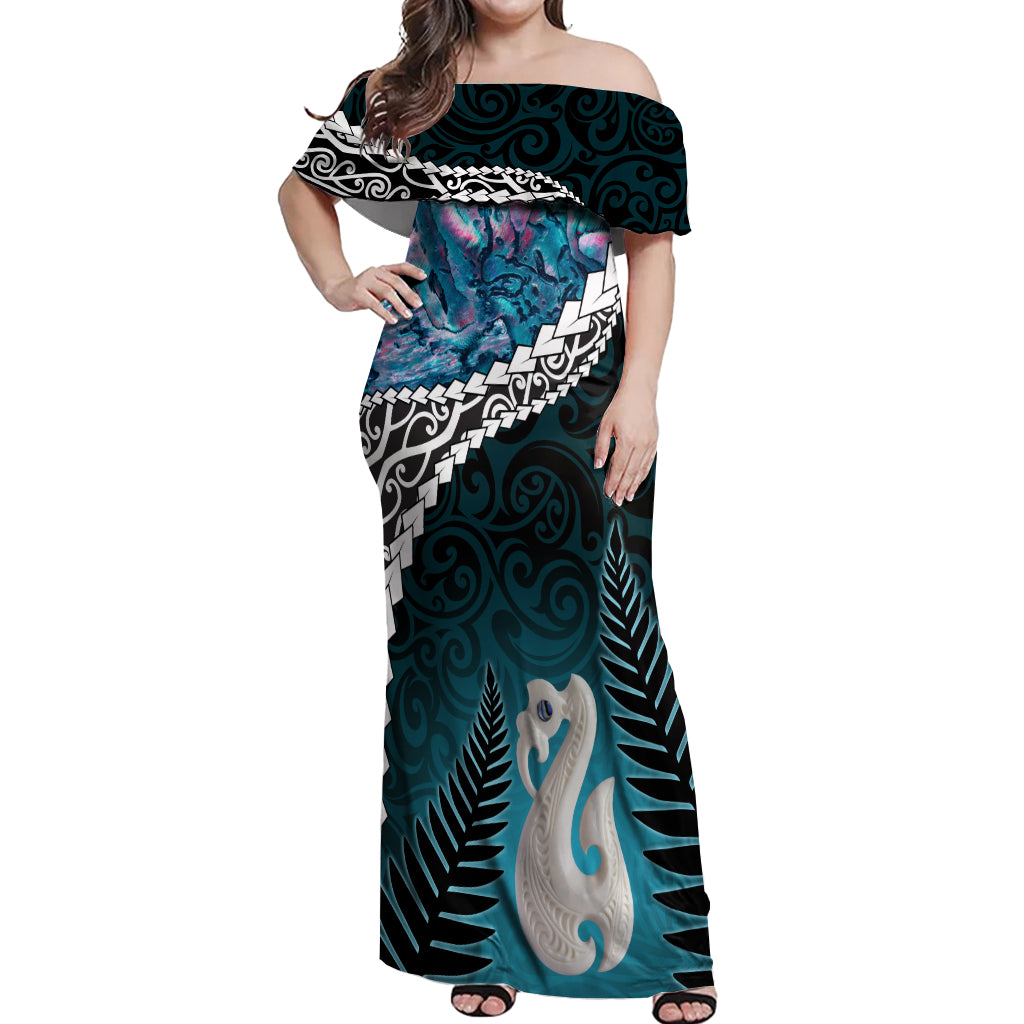 Personalised New Zealand Maori Off Shoulder Maxi Dress Manaia Paua Shell Turquoise LT7 Women Turquoise - Polynesian Pride