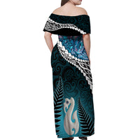 Personalised New Zealand Maori Off Shoulder Maxi Dress Manaia Paua Shell Turquoise LT7 - Polynesian Pride