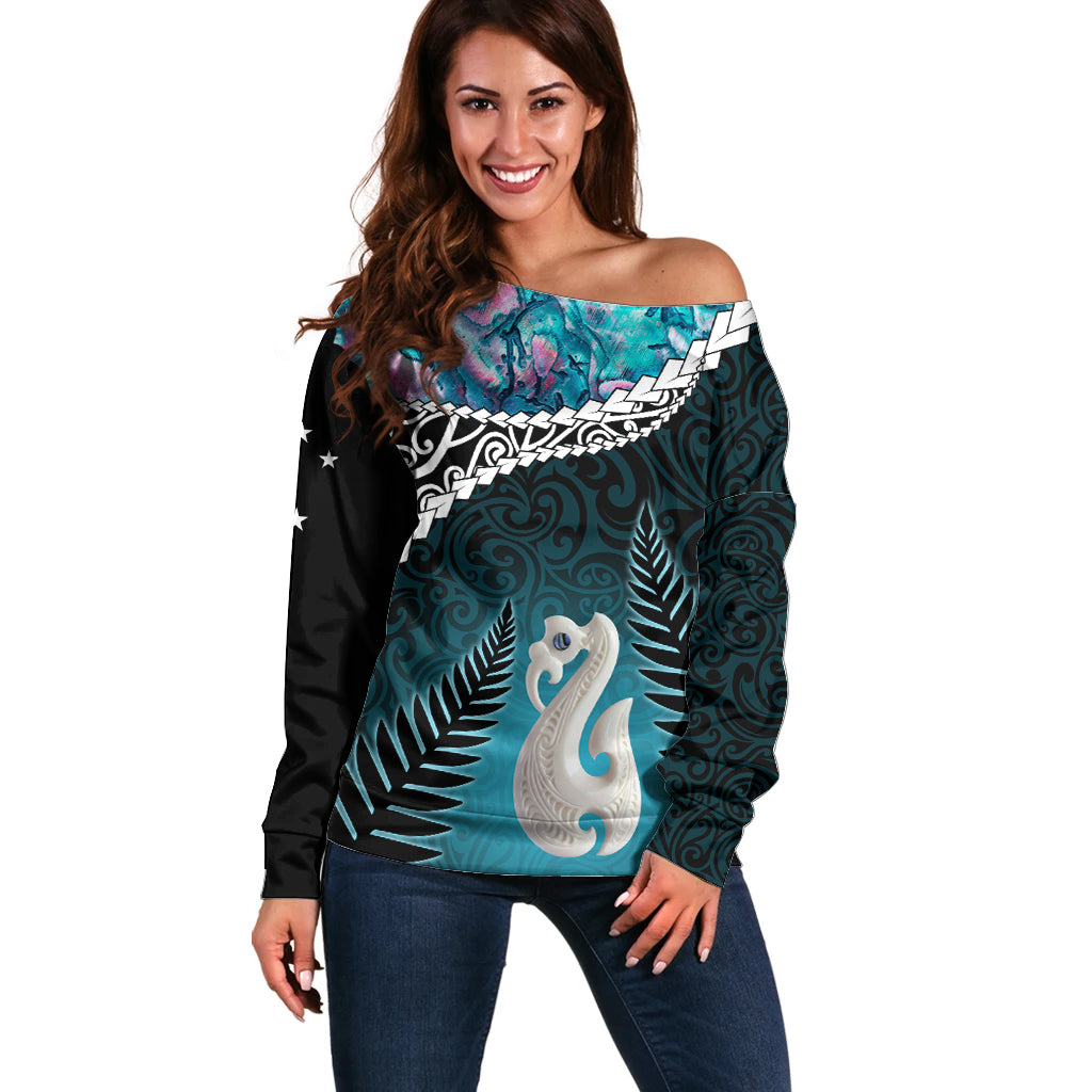 Personalised New Zealand Maori Off Shoulder Sweater Manaia Paua Shell Turquoise LT7 Women Turquoise - Polynesian Pride