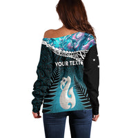 Personalised New Zealand Maori Off Shoulder Sweater Manaia Paua Shell Turquoise LT7 - Polynesian Pride