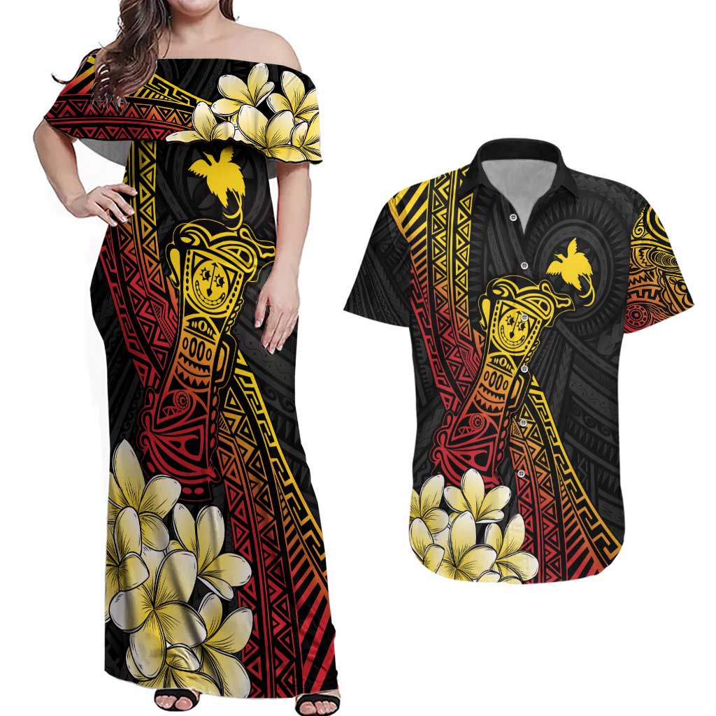 Personalized Papua New Guinea Couples Matching Off Shoulder Maxi Dress and Hawaiian Shirt Kundu Drum Carving Motifs