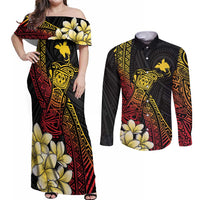 Personalized Papua New Guinea Couples Matching Off Shoulder Maxi Dress and Long Sleeve Button Shirt Kundu Drum Carving Motifs