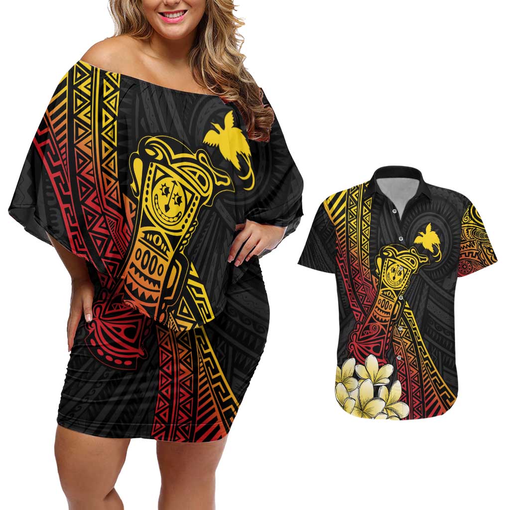 Personalized Papua New Guinea Couples Matching Off Shoulder Short Dress and Hawaiian Shirt Kundu Drum Carving Motifs
