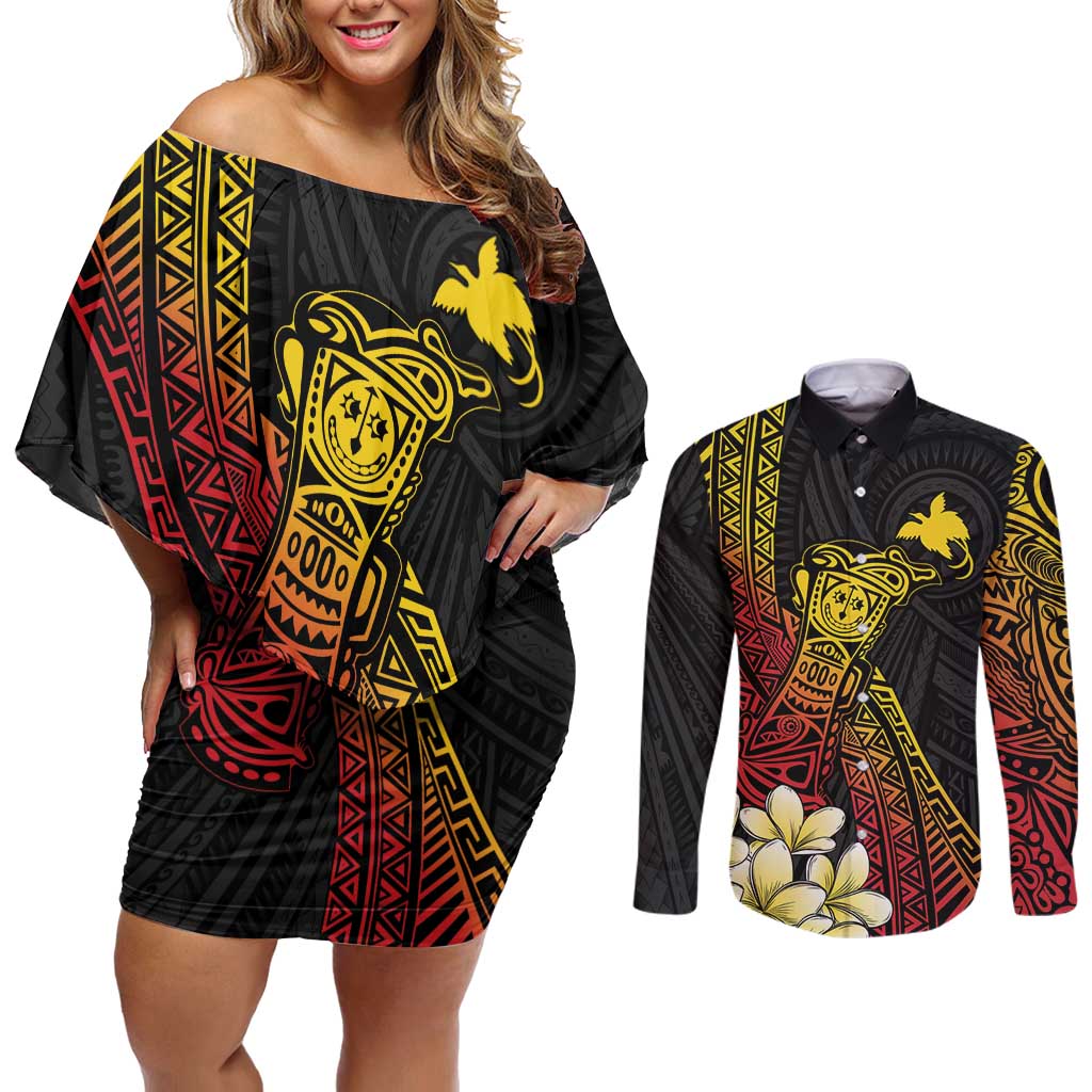 Personalized Papua New Guinea Couples Matching Off Shoulder Short Dress and Long Sleeve Button Shirt Kundu Drum Carving Motifs