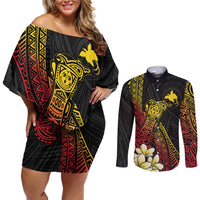 Personalized Papua New Guinea Couples Matching Off Shoulder Short Dress and Long Sleeve Button Shirt Kundu Drum Carving Motifs