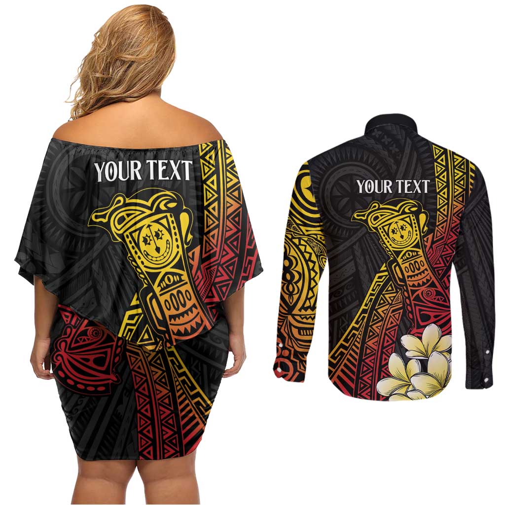 Personalized Papua New Guinea Couples Matching Off Shoulder Short Dress and Long Sleeve Button Shirt Kundu Drum Carving Motifs
