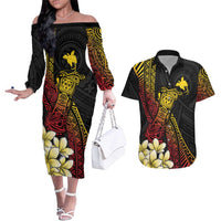 Personalized Papua New Guinea Couples Matching Off The Shoulder Long Sleeve Dress and Hawaiian Shirt Kundu Drum Carving Motifs