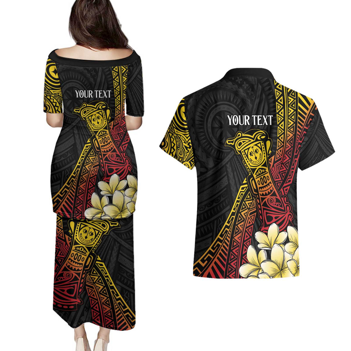 Personalized Papua New Guinea Couples Matching Puletasi and Hawaiian Shirt Kundu Drum Carving Motifs