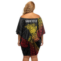 Personalized Papua New Guinea Family Matching Off Shoulder Short Dress and Hawaiian Shirt Kundu Drum Carving Motifs